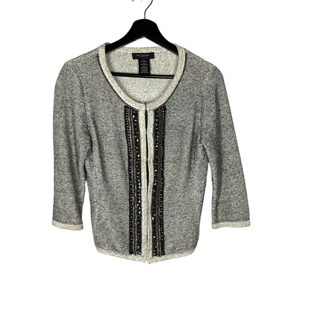 MM Couture Miss Me Black Cream Grey Beaded Button Up Cardigan Medium